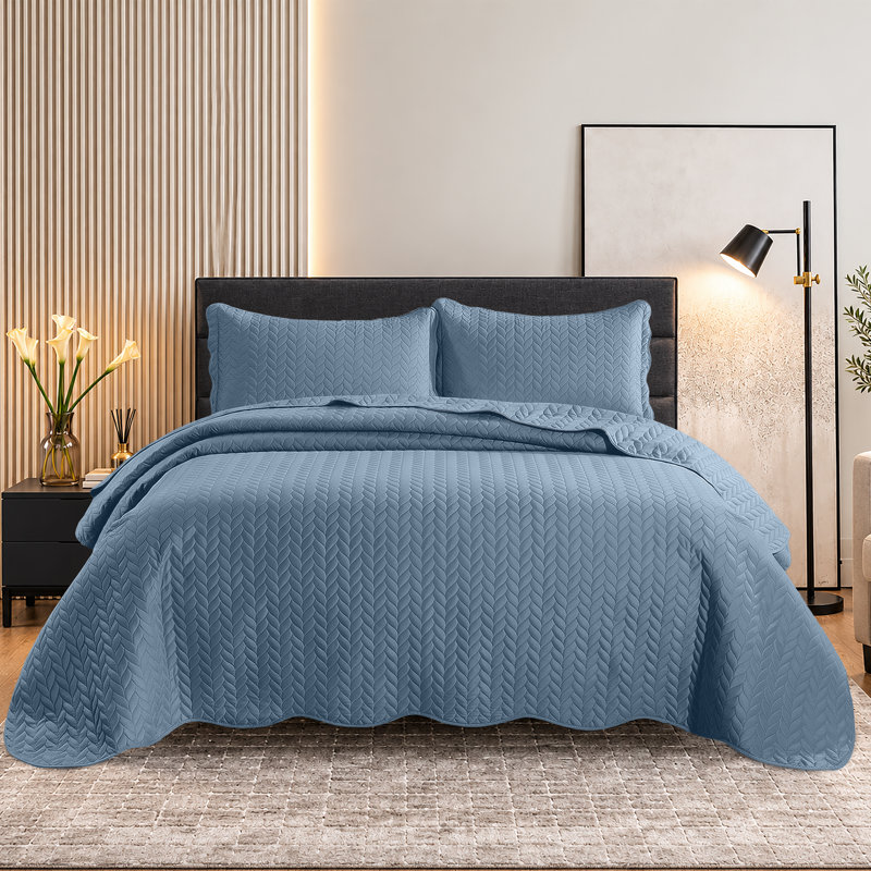 Ensemble de couvre-lit en microfibre embossée - Ensemble de literie moderne et léger avec taies décoratives, Bleu délavé