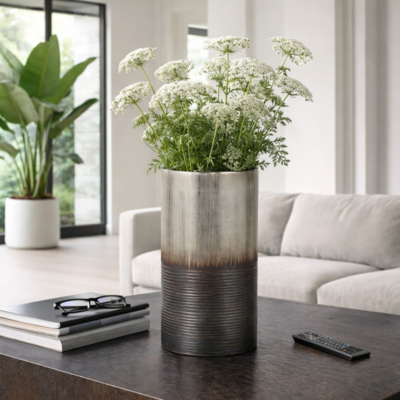 Cylinder Two Tone Glass Table Vase for Home Tabletop Decor - Decorative Tall Flower Vase Accent for Shelves, or Living Room Styling - Silver & Bronze