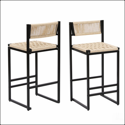 Ensemble de 2 tabourets de bar tissés avec dossier en corde de papier pour l'îlot de cuisine (style B noir et blanc crème)
