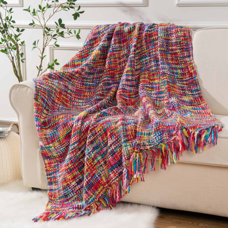 Rainbow Knitted Reversible Throw Blanket 50"x60"