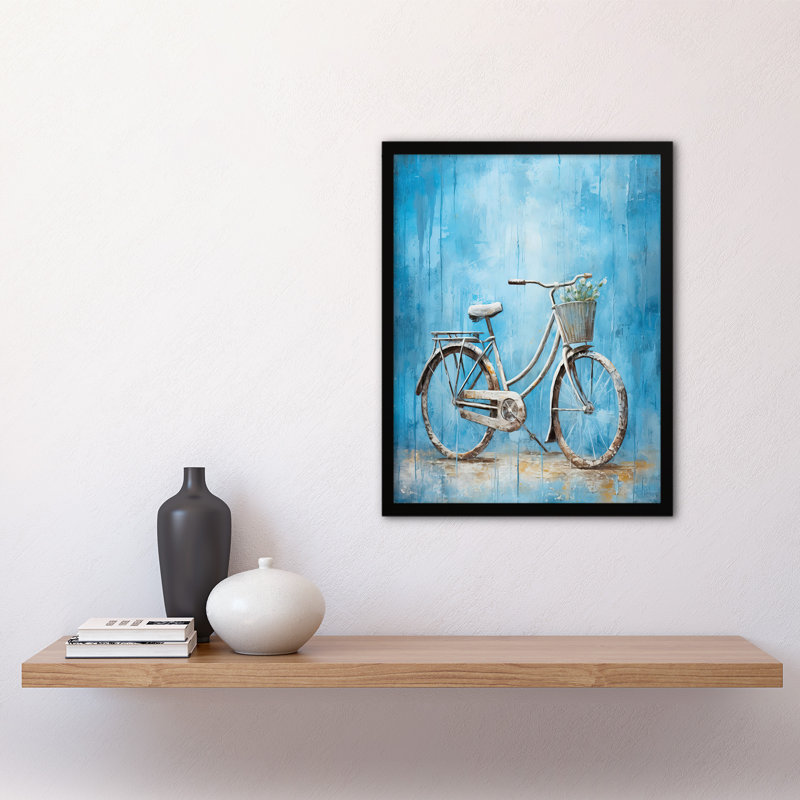 Simple Elegant Bicycle On Blue Contemporary Flower Basket - Single Picture Frame Print