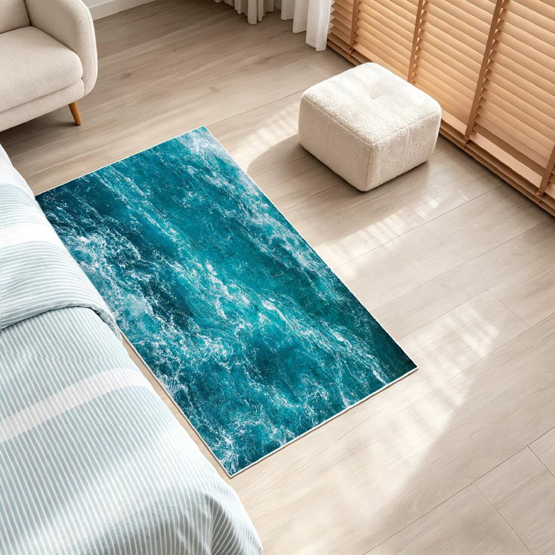 Tapis bleu abstrait lavable à la machine, vagues de la mer Méditerranée, Rectangle 32 po x 47 po