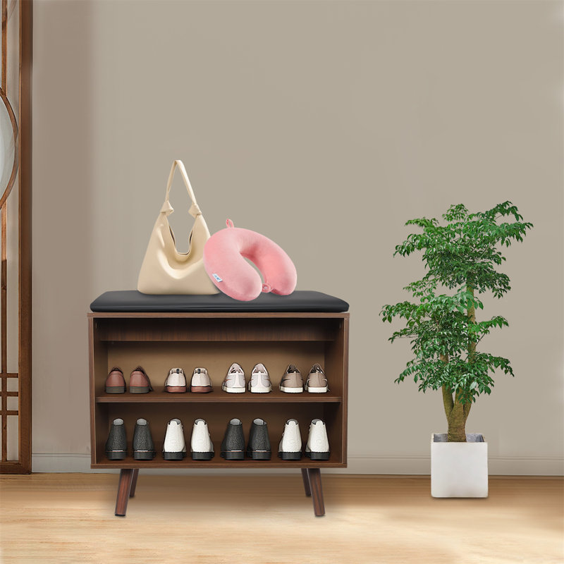 2-Tier Shoe Storage Stool With Cushion, Brown Wood