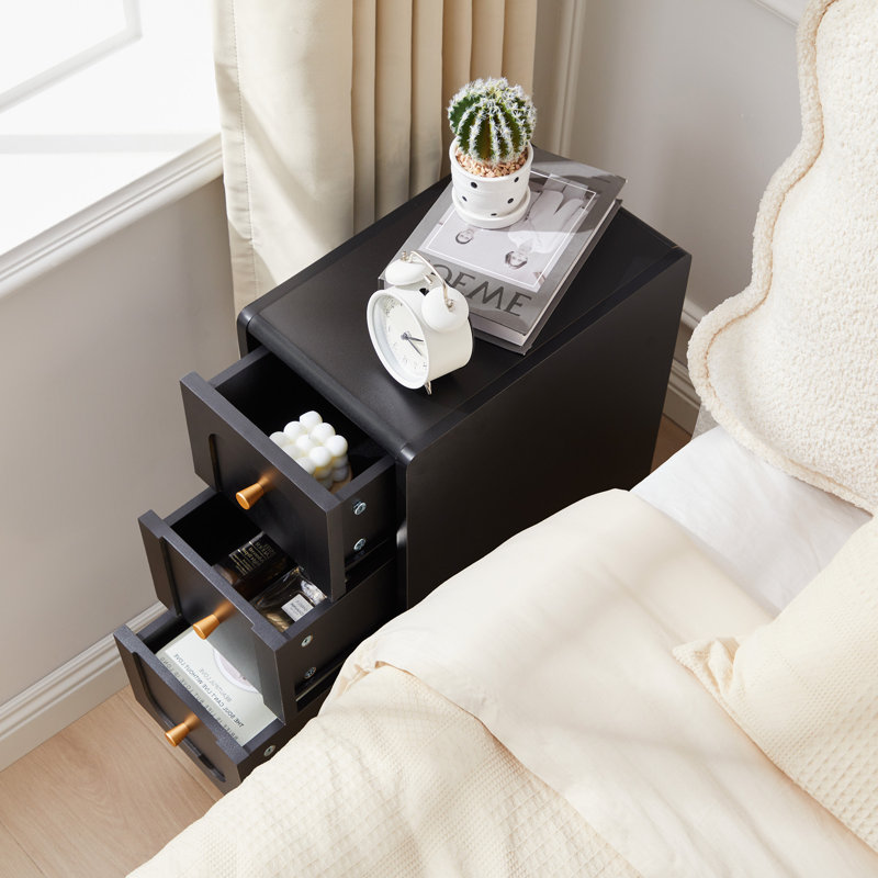 Narrow End Table With 3 Deep Drawers, Black