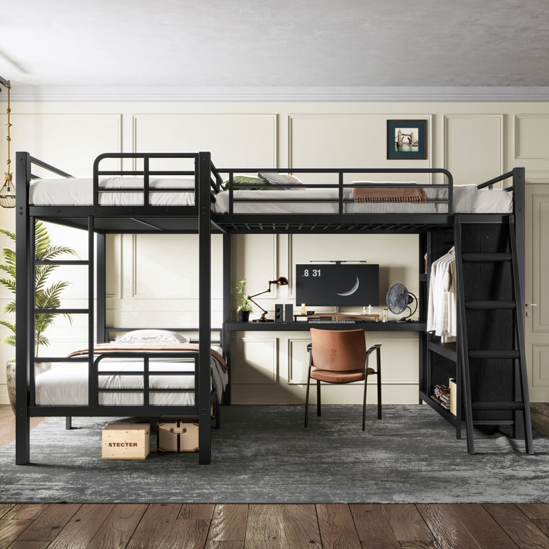 L-Shaped Triple Bunk Bed With Desk And Wardrobe, Twin Xl Over Twin Xl Bunk Bed With An Attached Full Loft Bed, No Box Spring Needed