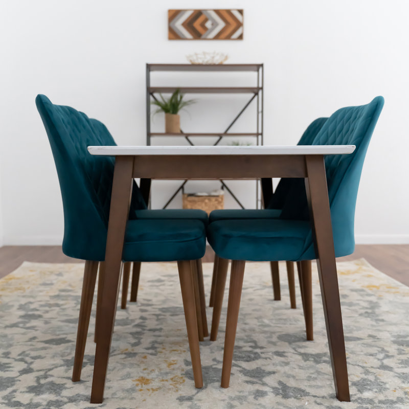 Fredy 4 - Person White Top Solid Wood Dining Set with Velvet Upholstered Chairs, 29.7" H x 47.2" L x 29.7" W, Teal
