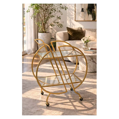Gold Metal Rolling Bar Cart with Handles and Wheels for Home Serving
