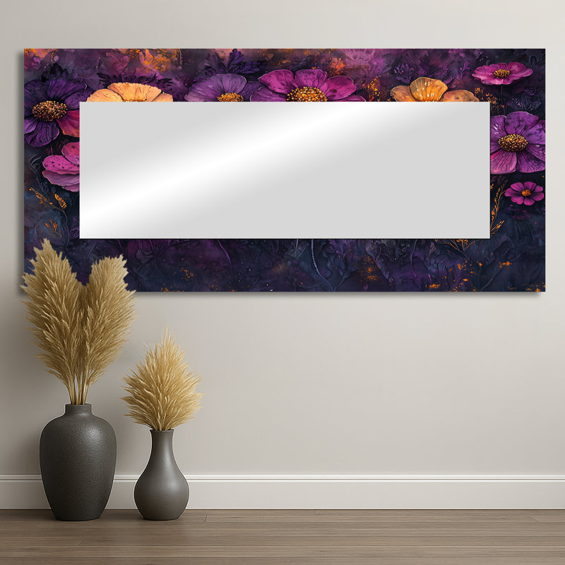Zinnias Flowers Lavender Midnight Field I - décoration murale miroir floral - imprimé sur métal, 28 po x 60 po