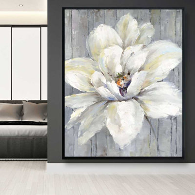 Fleur blanche - décor de toile contemporaine gris encadré