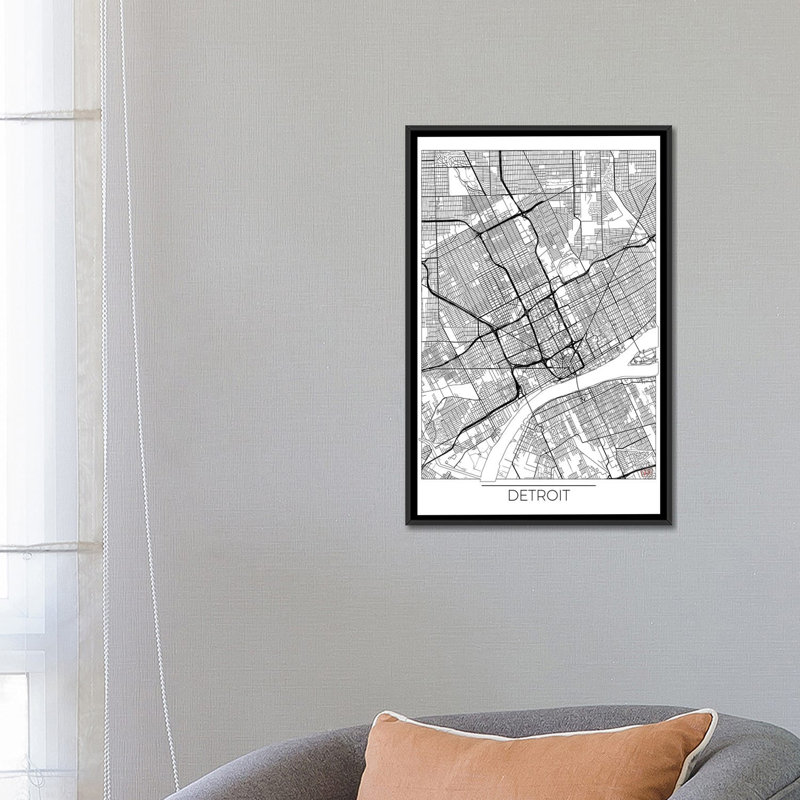 «Detroit Minimal Urban Blueprint Map», impression sur toile, H 48 po x l 32 po x P 1,5 po, Toile avec cadre noir