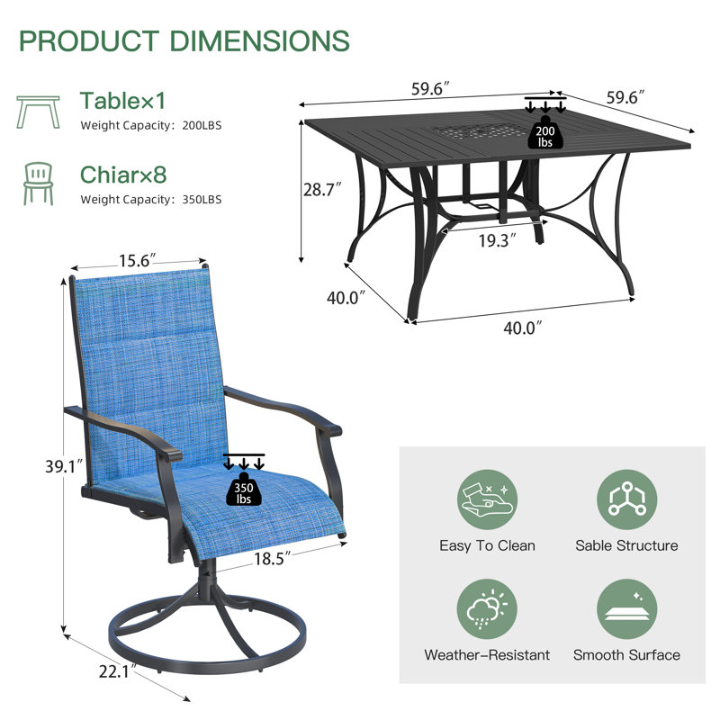 9 Piece Patio Dining Set, Outdoor Dining Table And Chairs Set For 8, 8 Swivel Chairs, 1 Iron Square Table With Adjustable Umbrella Hole (1.57"-1.97"), Patio Furniture Set For Deck, Backyard, Lawn, Poolside, Brown/gray/blue