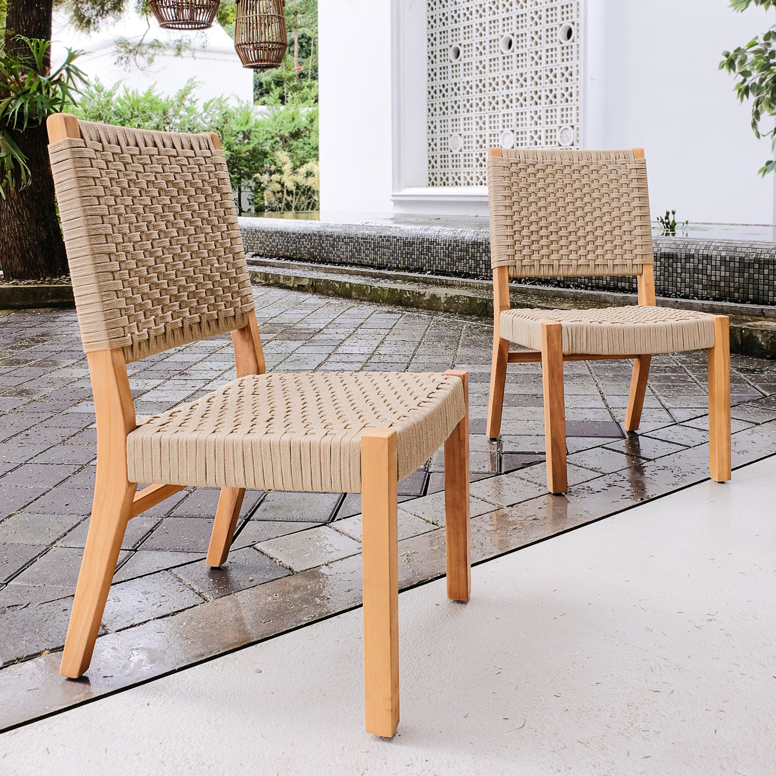 Seras Teak Wood Premium All-Weather Wicker Outdoor Dining Side Chair, Tan