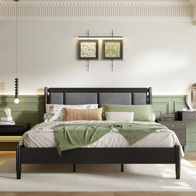 Solid Wood King Bed, Heavy - Duty Support, Black Headboard, Dark Grey Panel, 81 Inch Length, 77 Width, Hassle Installation Size Wood, , Finish, Fabric Panel 600 Lbs Capacity, 80.1 Wide Easy Assembly
