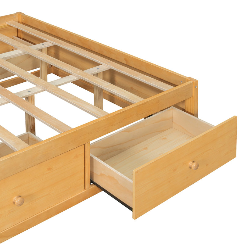 Loria Size Platform Bed Frame With 4 Storage Drawers And Footboard Storage Cubby, No Headboard, Modern Space-Saving Design-Natural