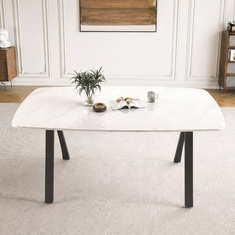 Marble-Look Glass Dining Table with Black Metal Legs, Black