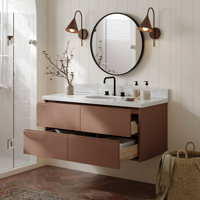   Ensemble de meuble-lavabo mural ovale simple 49 po avec comptoir en marbre de Carrare et ensembles 1,5 po Ensuko, Ovale