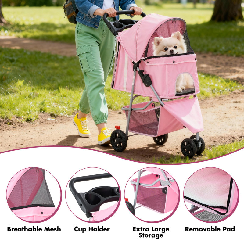 Poussette pliable pour animaux à 3 roulettes, poussette légère pour chien et chat avec porte-gobelet et grand espace de rangement