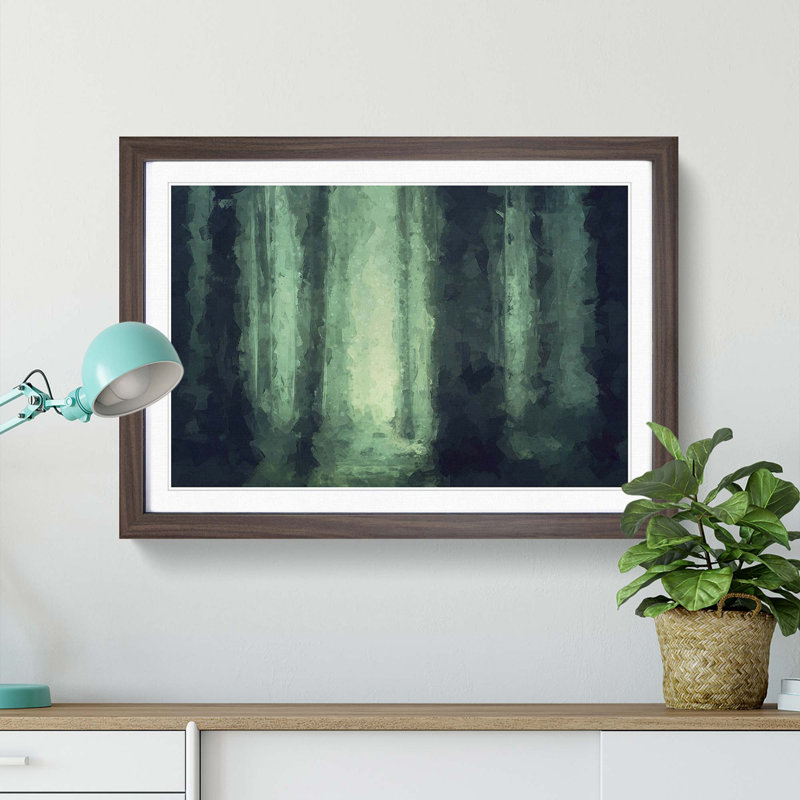 Green Misty Forest in Abstract - Picture Frame Graphic Art Print, 62cm H x 87cm W x 2cm D, Walnut Framed