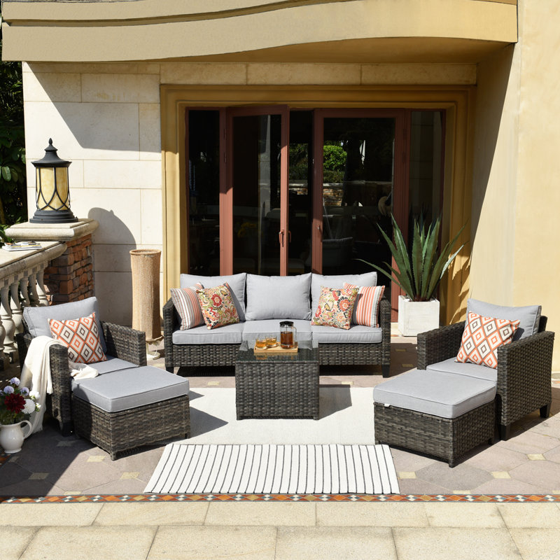 Kaniha Premium All-Weather Wicker 5 - Person Patio Conversation Set with Cushions, Gray