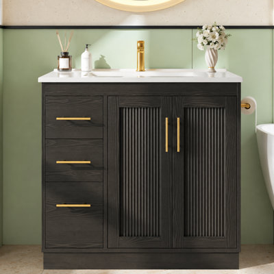 Meuble-lavabo noir de 36 po avec lavabo, armoire de salle de bain noire autoportante moderne avec comptoir Smc, portes à fermeture douce et 3 tiroirs, quincaillerie dorée