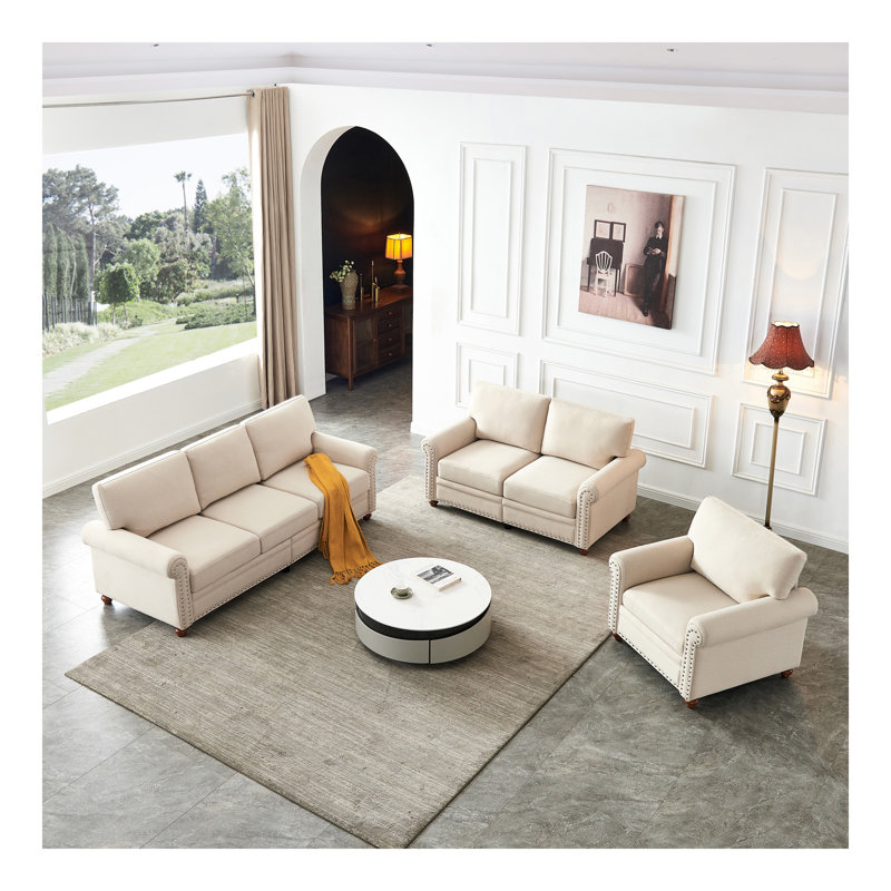 Canapé modulaire en tissu d'ameublement en lin avec rangement, Beige
