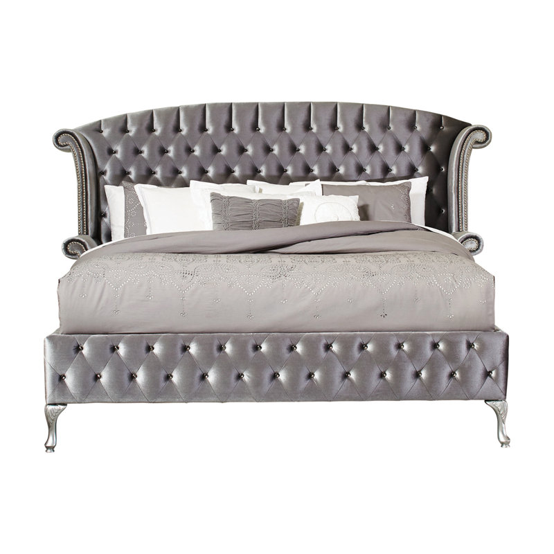 Ensemble de chambre à coucher rembourrée 3 pièces avec commode Mikrut, Très grand californien, Gris