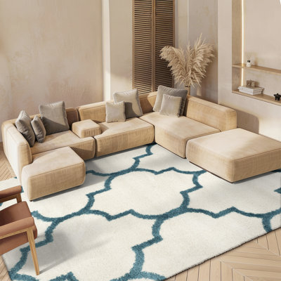 Tapis blanc cassé / bleu sarcelle à poils longs Thorbiorn