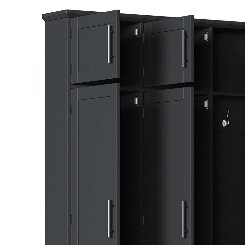 Farmhouse Hall Tree with Multiple Hidden Hanging Hooks, Versatile Seating Bench with Abundant Doors, Entryway Shoe Cabinet with Open Compartments for Home Use