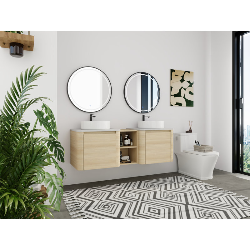 Meuble-lavabo mural 60 po à double cuve - 5 options de couleur de lavabo (motifs blanc / noir / marbre) + armoire en bois clair et tablette centrale ouverte