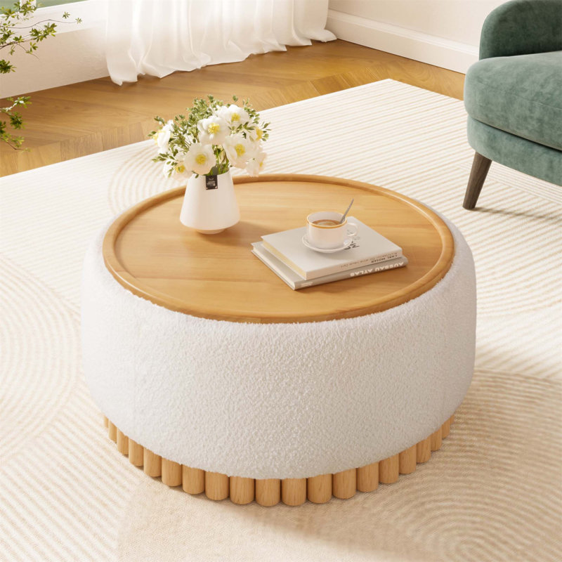 Repose-pieds de rangement rond de 29 pouces avec pieds en bois massif, couvercle réversible et compartiment caché pour les salons modernes
