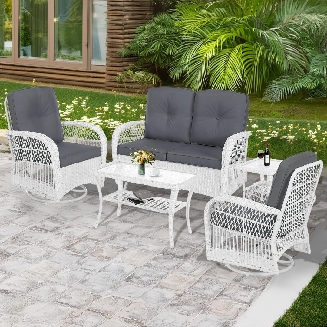 Winston Porter 5-piece Outdoor Patio White Wicker Conversation Sets, All Weather Outdoor Rattan Furniture Set Includes Glider Loveseat, 2 Coffee Table, 2 Swivel-gliders Chairs With Cushions Winston Porter Cushion 