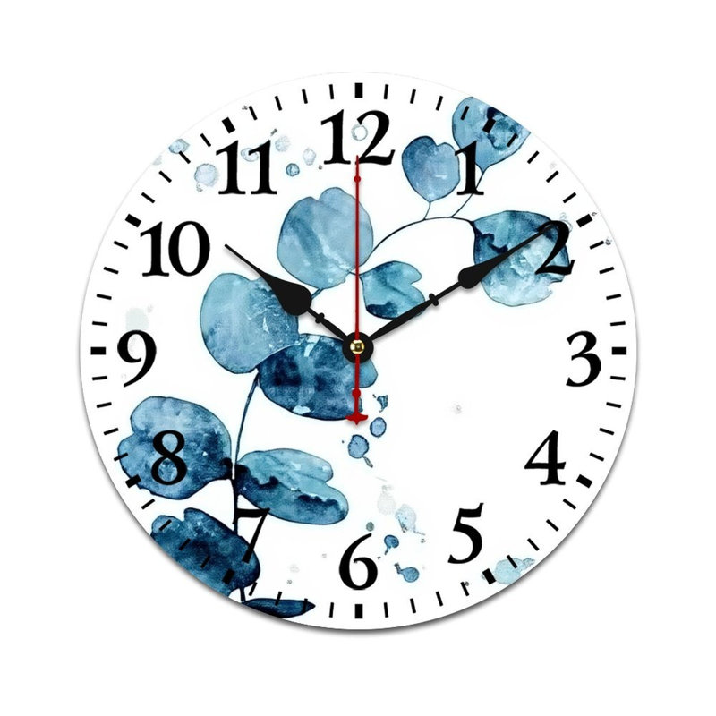 Horloge murale bleue 12 "x 12" en forme d'eucalyptus aquarelle bleue pour salle d'étude