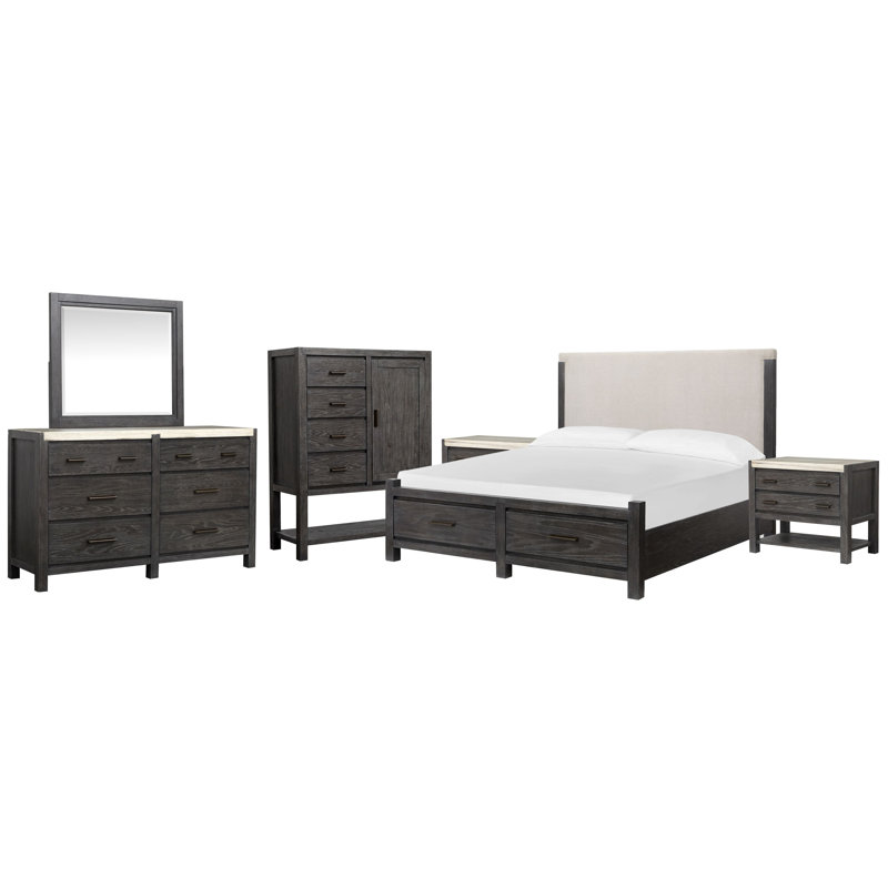 Très grand lit tapissier avec rangement Wilmot California, 6 Pcs:Bed,2 Nightstand,Dresser,Mirror,Door Chest