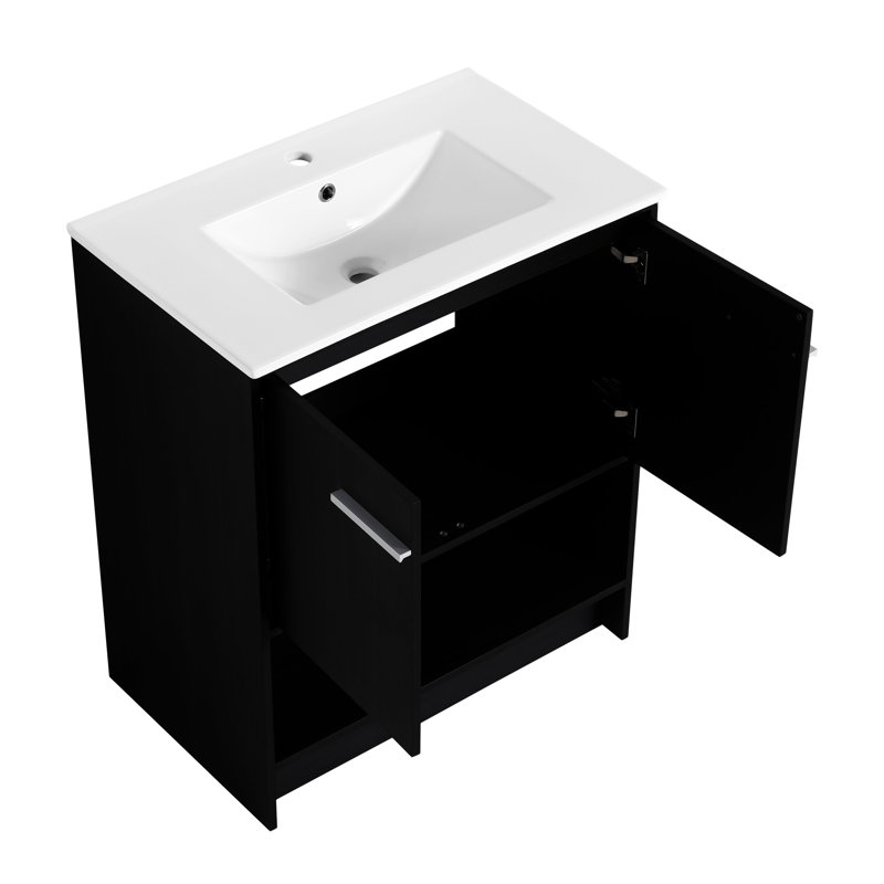 Meuble-lavabo de salle de bain 30 po avec lavabo en céramique, Chêne foncé, Argent argent