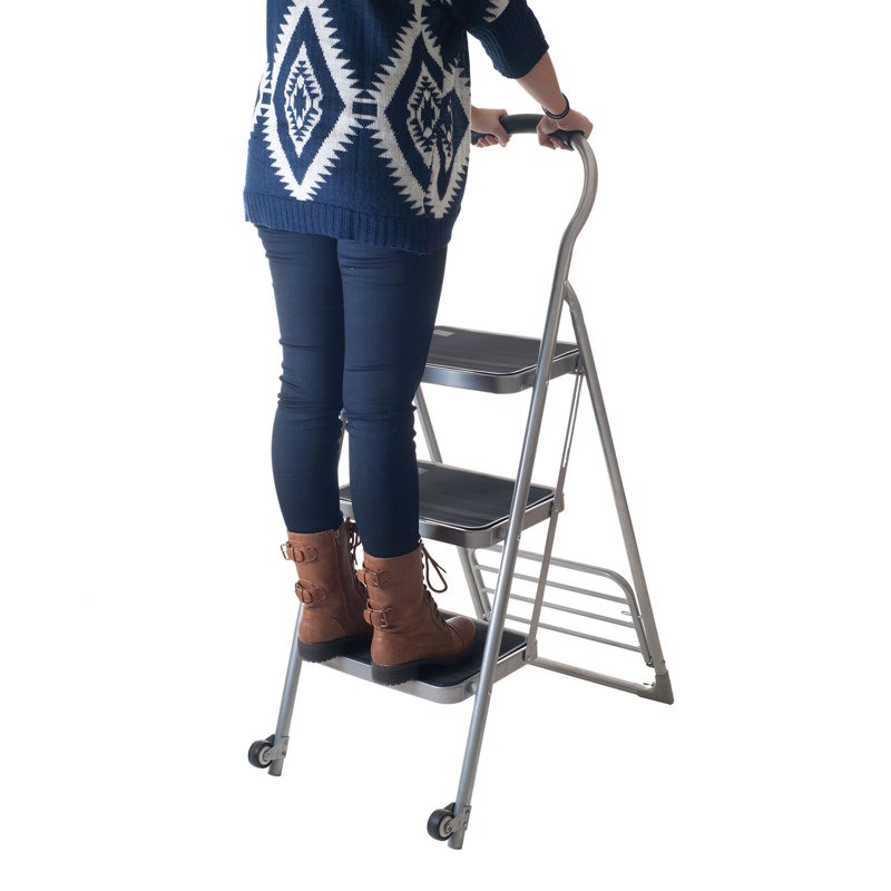 Stalwart Step Stool - Folding Ladder with Handrails, Attachable Tool Bag, Nonslip - 330lbs Capacity, Silver