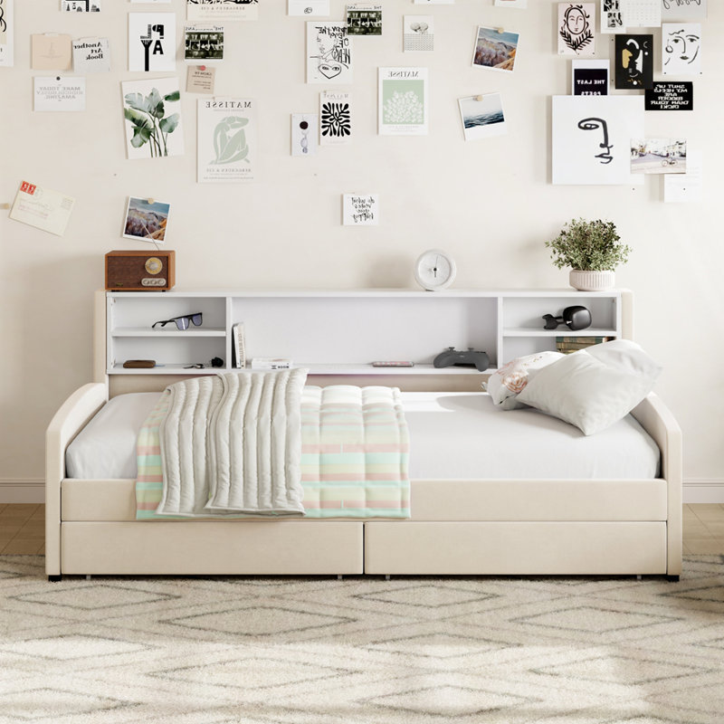 Lit plateforme tapissier simple confortable avec options de rangement pratiques, Beige