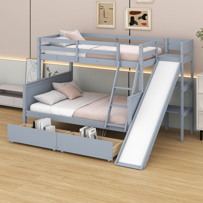Lit superposé avec tiroirs, glissade, tablettes, échelle, Gris