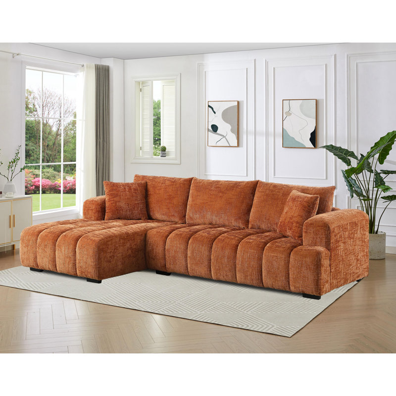 109" Channel Tufted Upholstered L-Shape Sectional Sofa Chaise, Caramel Chenille, Left Hand Facing
