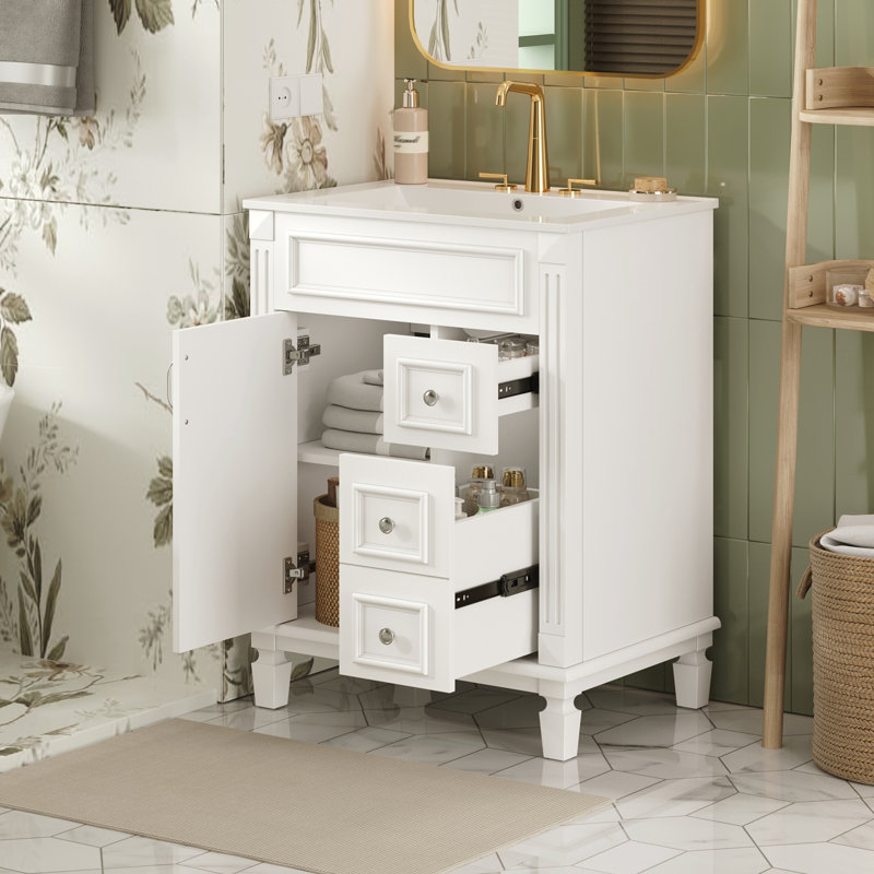 Bathroom Vanity with Ceramic Sink, White, Silver