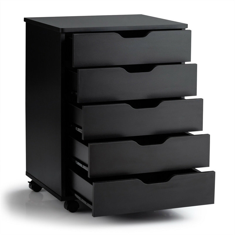 Black MDF 5-Drawer Mobile Storage Cabinet with Wheels