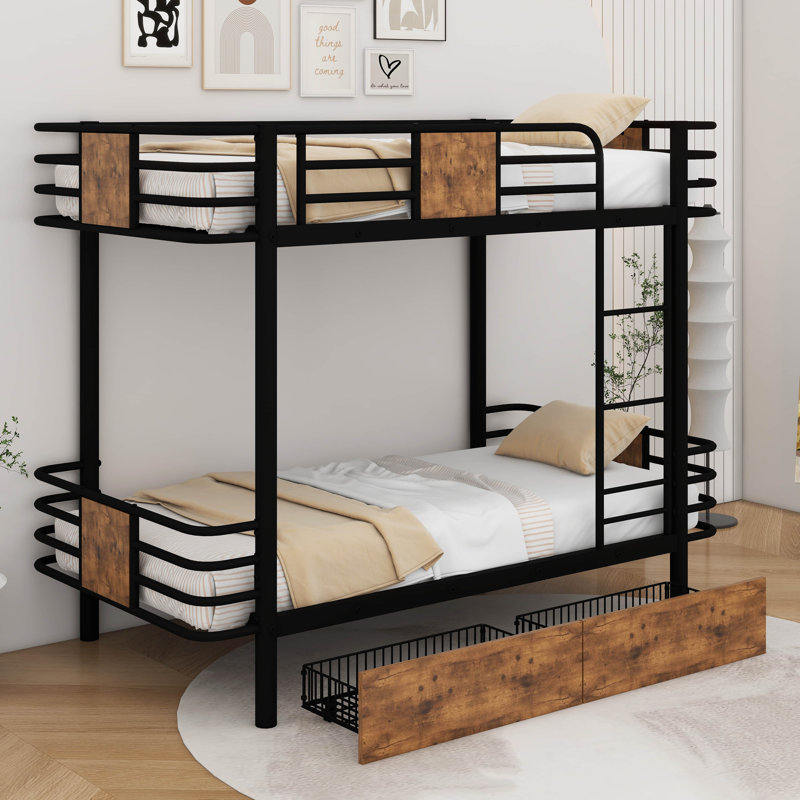 Twin XL Over Twin XL Metal Bunk Bed With Drawers, Black