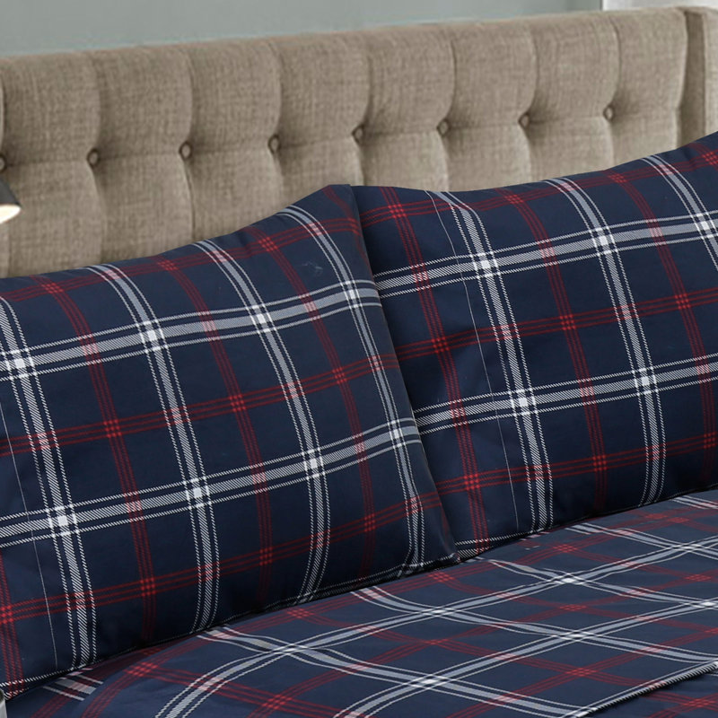Ensemble de draps 4 pièces bleu marine foncé / rouge / blanc, Ensemble de draps pour très grand lit avec 2 taie