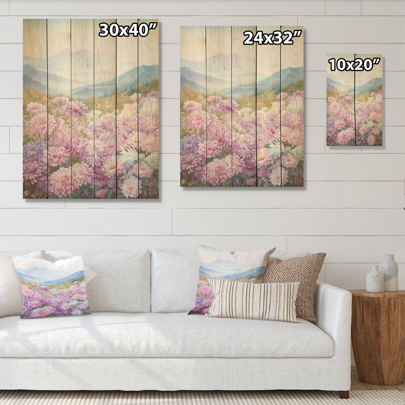 «Rose Chrysanthemums On Hill I», art mural en bois sur bois de pin naturel, H 20 po x l 10 po