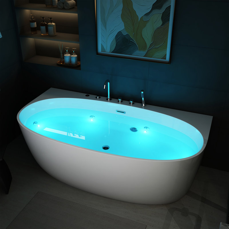 Baignoire à balnéo CASAINC 67 po en acrylique avec 7 jets d'hydromassage, lumière DEL de chromothérapie et robinetterie, blanche