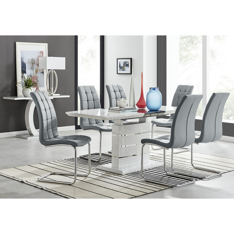Everson High Gloss Extendable Dining Set with 6 Luxury Faux Leather Upholstered Dining Chairs, Gray