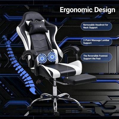 Gaming Chair with Massage Lumbar Support Ergonomic Video Game Chair for Adults, Adjustable Headrest & Footrest, 90-135° Recline, 360° Swivel, White