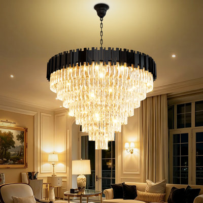 Lustre moderne en cristal de 101,6 cm (40 po) pour plafond haut, 16 lumières, noir, pour salon, hall d'entrée ou salle à manger.