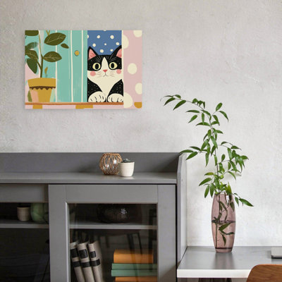 Curious Cat Peeking Playful Whimsical Contemporary Cat Plant Wall Art Print by Mathieu - Wrapped Canvas Print