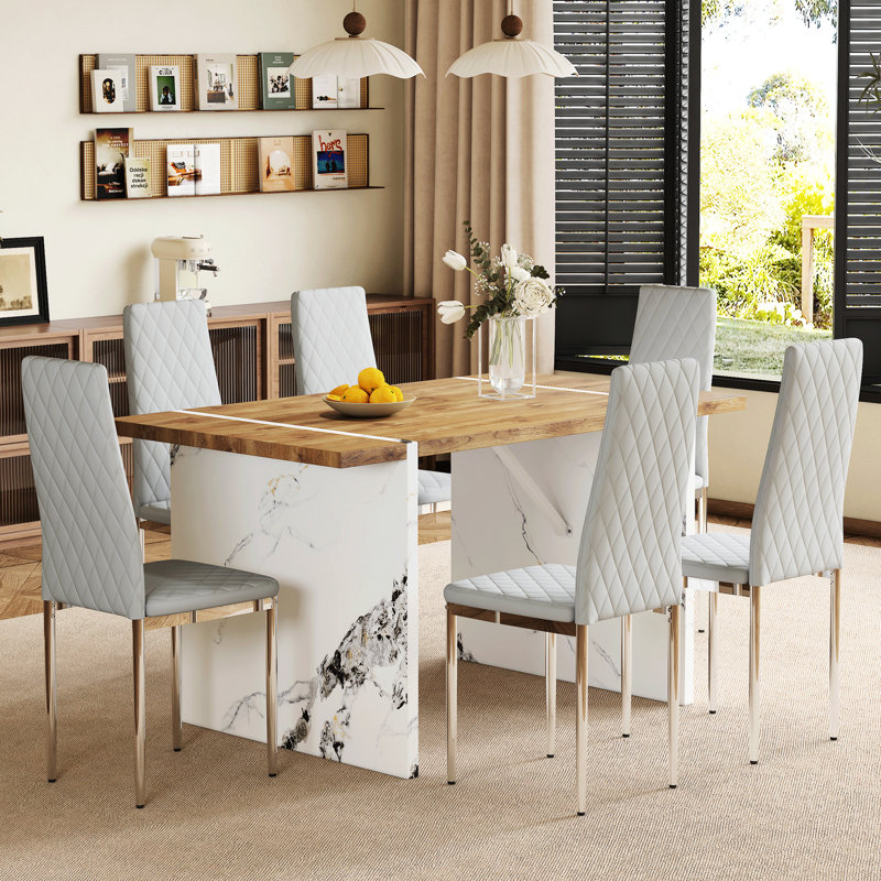 Table en grain de bois naturel et 6 sièges gris à déformation de 55 po x 31,5 po avec chaises en polyuréthane imperméables