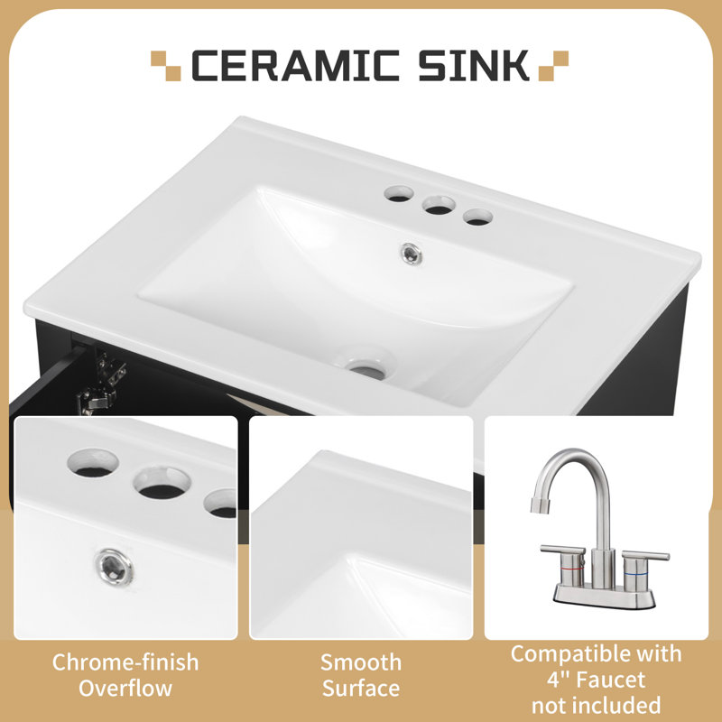 24"W Freestanding Bathroom Single Vanity with Ceramic Sink Top, Soft-Close Hinges and Drawers, Black, Gold